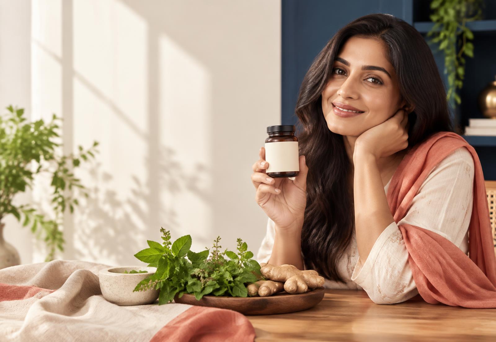 Woman holding an Ayurvedic wellness product beside fresh herbs